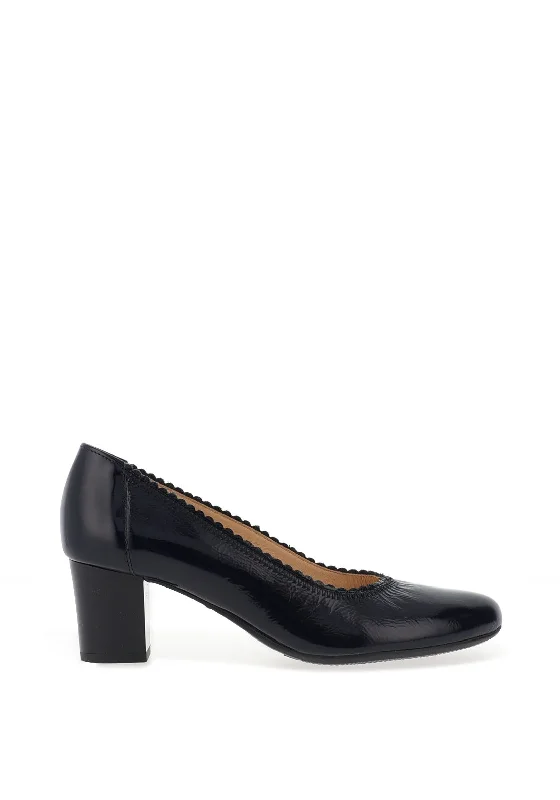 Trendy Chunky Heel Pumps for Casual Wear--Bioeco by Arka Scalloped Edge Block Heel Shoes, Navy