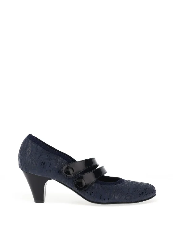 Sleek and Shiny Patent Pump Heels for a Polished Look--Bioeco by Arka Patent Print Strap Heeled Shoes, Navy