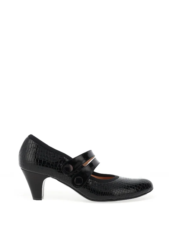 Sleek and Shiny Patent Pump Heels for a Polished Look--Bioeco by Arka Patent Croc Print Strap Heeled Shoes, Black