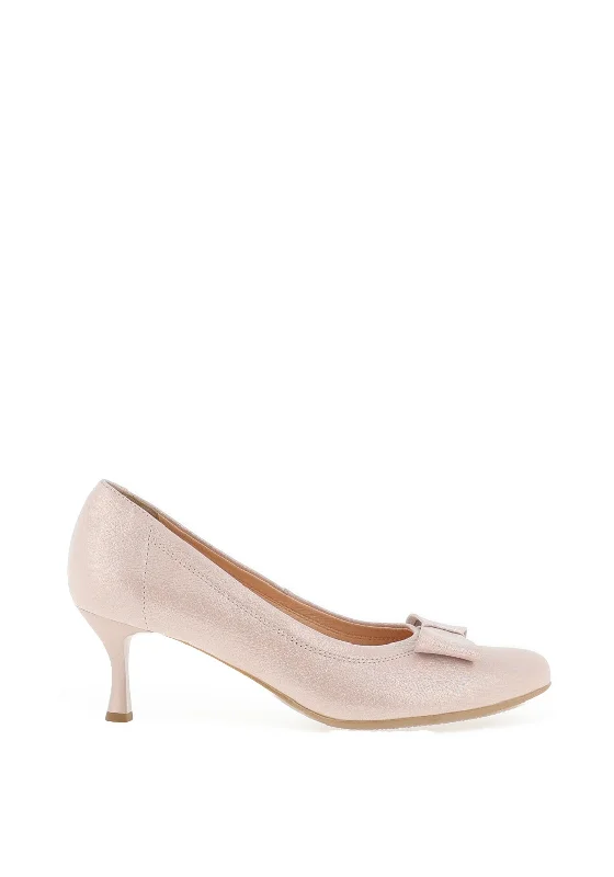 Bioeco by Arka Shimmering Pebbled Leather Bow Heeled Shoes, Pink Beige---Charming Bow Pumps for a Cute and Stylish Look