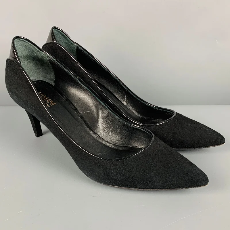 Sleek and Shiny Patent Pump Heels for a Polished Look--ARMANI COLLEZIONI Size 9.5 Black Suede Patent Leather Classic Pumps