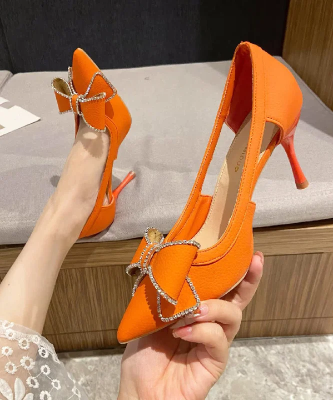 Stiletto Heel Pumps with Perfect Fit--Art Orange Faux Leather Bow Splicing Stiletto High Heels-Fashionable & Classic