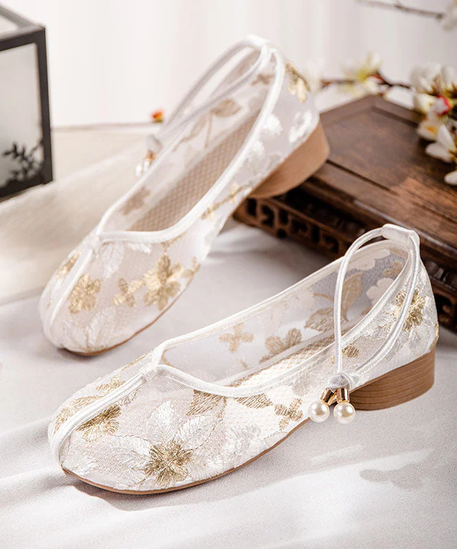 Versatile Dress Heels for Formal and Casual Wear---Art Splicing Hollow Out Embroideried Shoes Gold Tulle Fabric