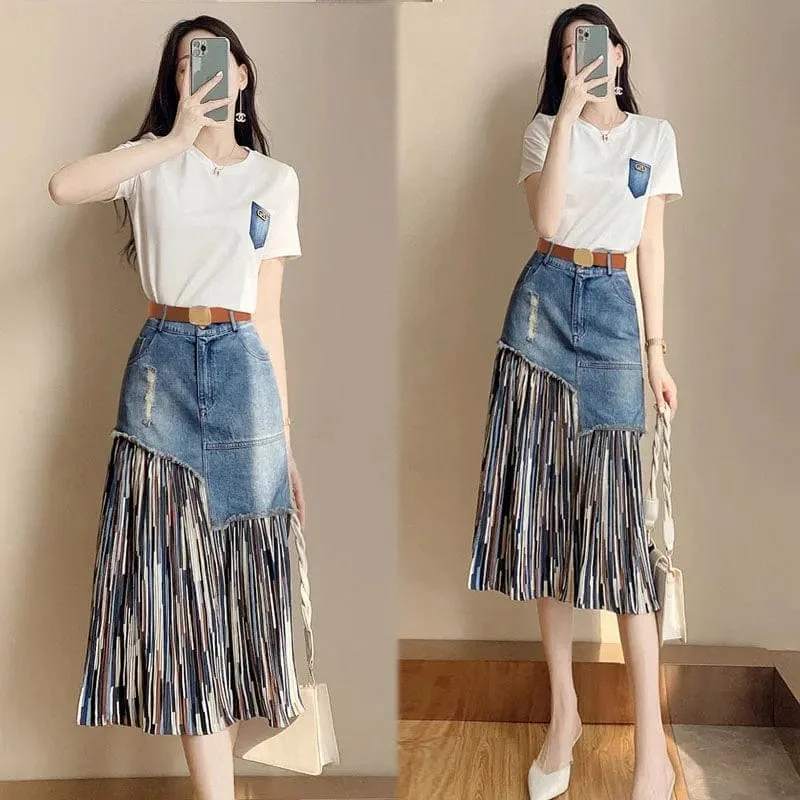 Best women's denim skirts for summer -Asymmetrical Patchwork Denim Skirt