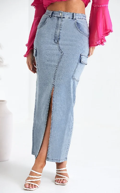 Women's low-rise denim skirts for casual comfort -Aurora Denim Maxi Skirt - Blue