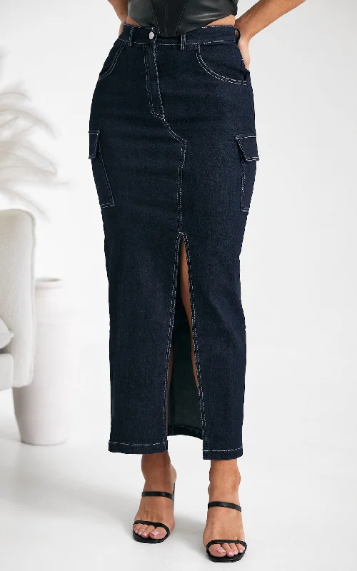 Women's split-hem denim skirts for modern twist -Aurora Denim Maxi Skirt - Indigo Blue Women's split-hem denim skirts for modern twist -Aurora Denim Maxi Skirt - Indigo Blue