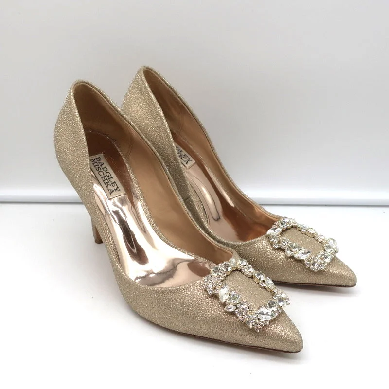 Badgley Mischka Cher Crystal Buckle Pumps Gold Glitter Satin Size 8---Trendy Glitter Heels for a Glamorous Look