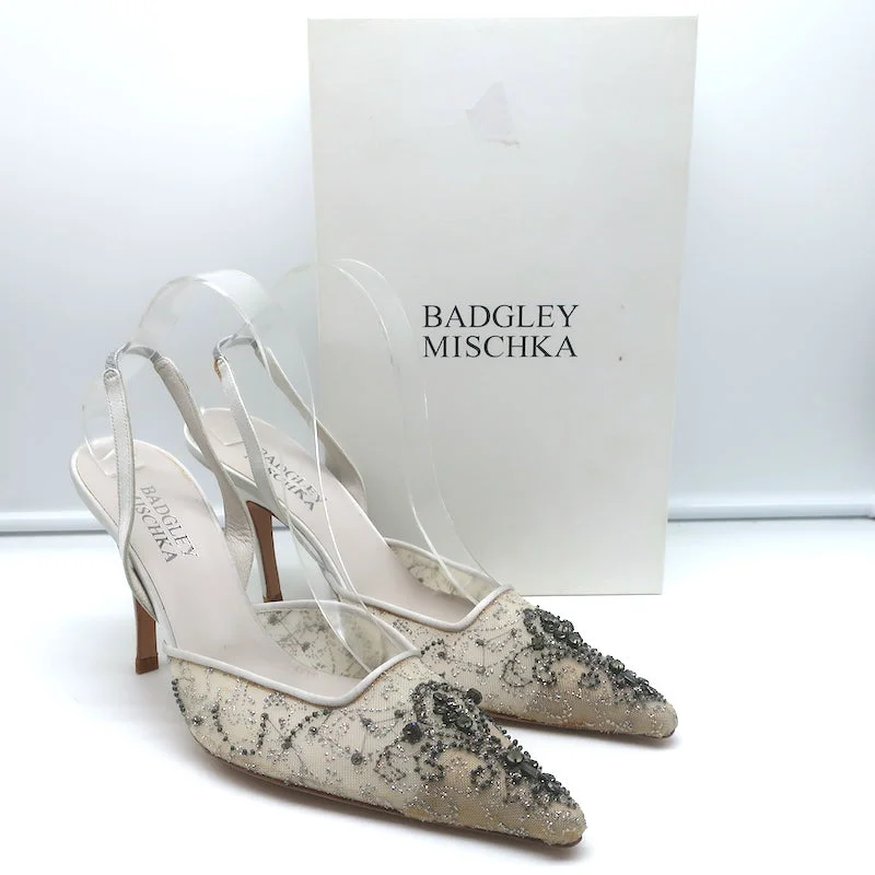 Badgley Mischka Embellished Mesh Slingback Pumps Light Gray Satin Size 38.5 NEWAffordable Satin Heels with a Luxe Touch