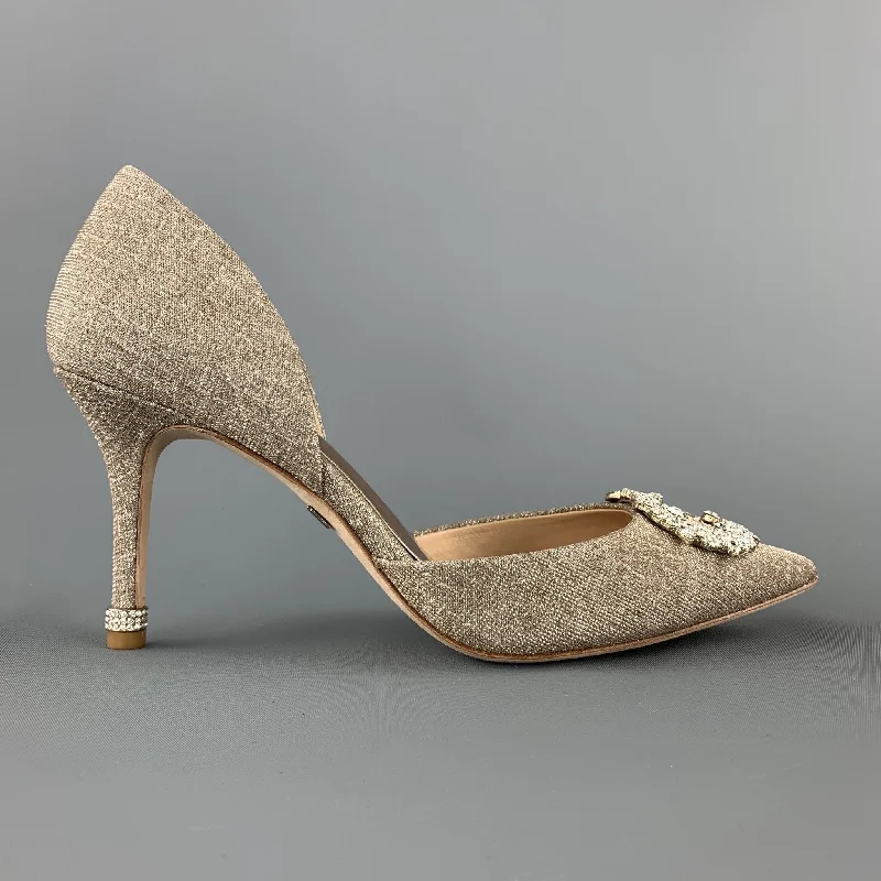 Affordable Rhinestone Pumps for a Dazzling Look---BADGLEY MISCHKA Size 8 Silver Metallic Beige Fabric Rhinestone Buckle D'orsay Pumps