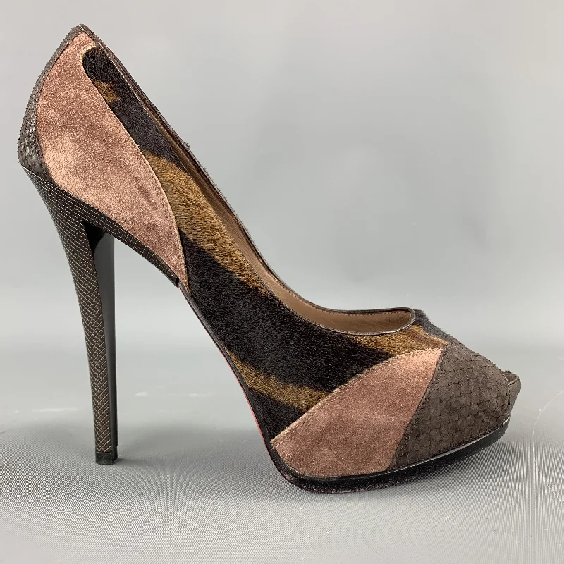 Trendy Peep Toe Platform Heels Crafted from Genuine Leather--BALDAN Size 8 Brown Suede & Tiger Print Ponyhair Platform Peep Toe Pumps