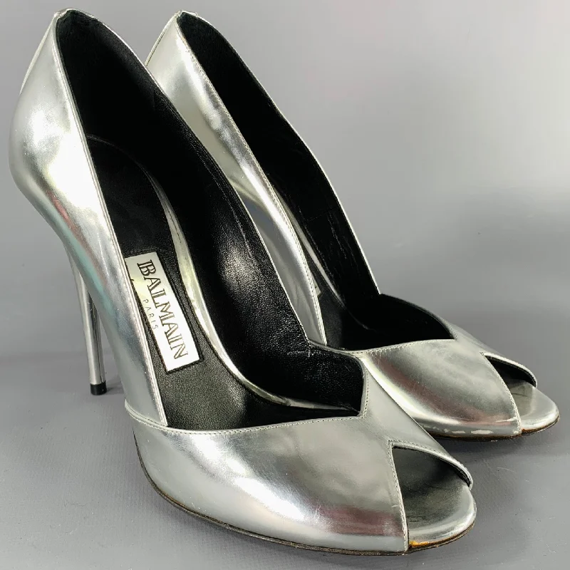 Sleek and Shiny Patent Pump Heels for a Polished Look--BALMAIN Size 6 Silver Patent Leather Peep Toe Heels Pumps