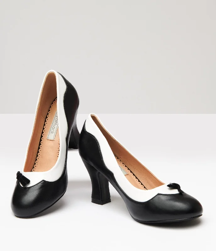 Banned Black & White Leatherette Bertie Heels---Comfortable Leather Pumps for Office and Everyday Wear