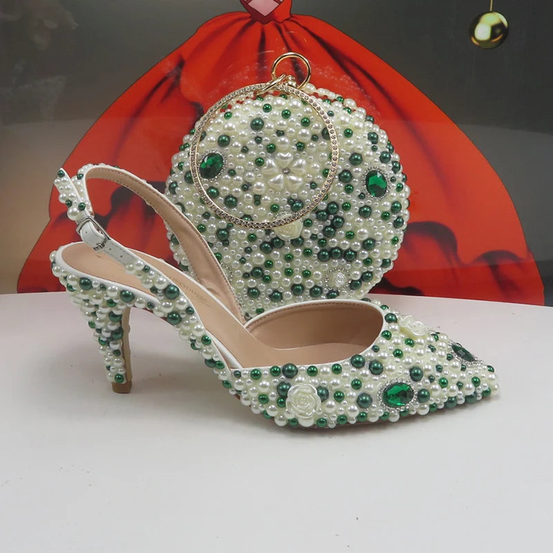 Green Pointed Toe Pearl Bridal wedding shoes and Bag Thin Heel