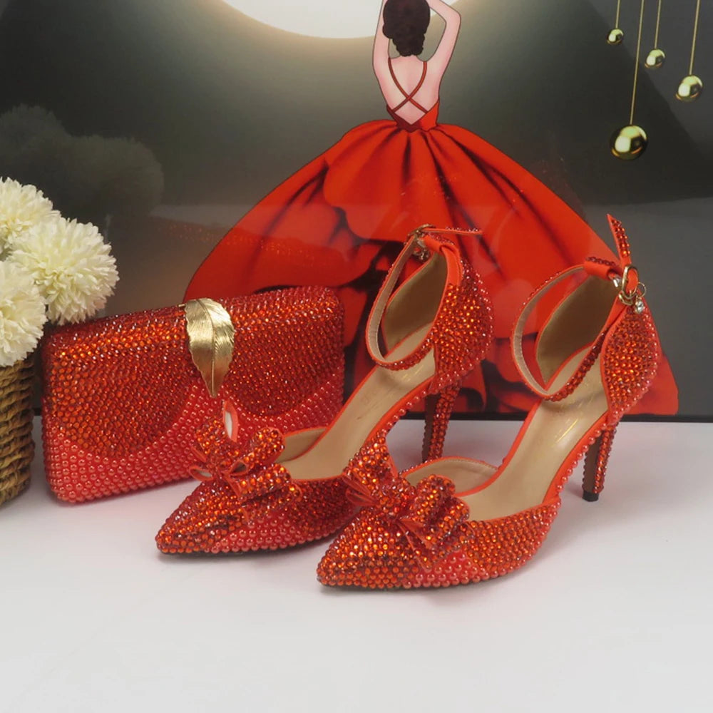 Orange Pearl Crystal wedding shoes and Bag Bridal Female Ladies Party Shoes