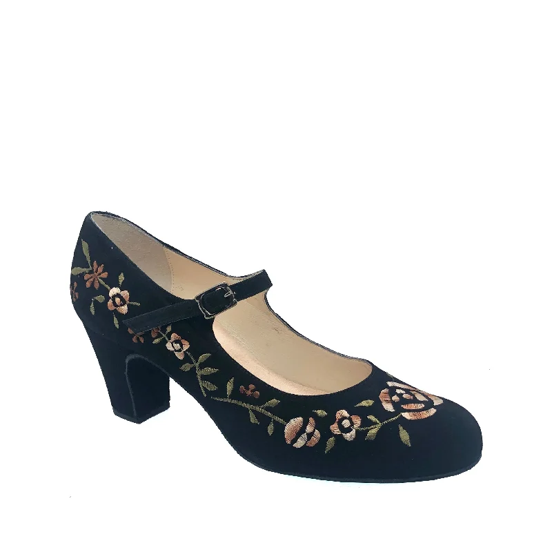 Affordable Suede Ankle Pumps for All-Day Wear--Begona Cervera: Sevilla: Midnite Suede with Autumn Flowers | 2.5" Clasico | MED | Suede Sole | Limited Edition