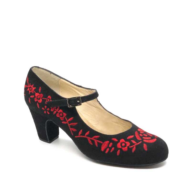 Affordable Suede Ankle Pumps for All-Day Wear--Begona Cervera: Sevilla: Midnite Suede with Valencia Roses | 2.5" Clasico | MED | Suede Sole | Limited Edition