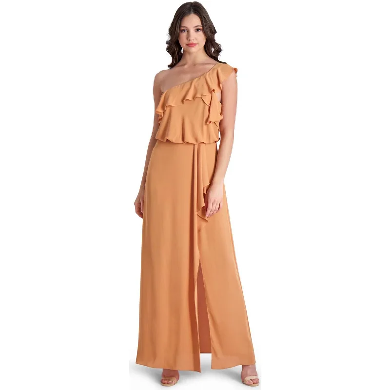 Versatile Heeled Sandals for Any Occasion---BCBGMAXAZRIA Dahlia Women’s Ruffled One Shoulder Front Slit Gown