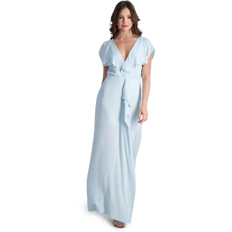 Versatile Heeled Sandals for Any Occasion---BCBGMAXAZRIA Evette Women’s Ruffled Chiffon V-Neck Gown with Front Slit