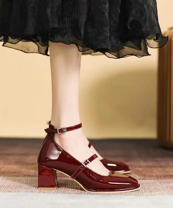 Beautiful Buckle Strap Splicing Chunky High Heels Mulberry Faux Leather---Comfortable Leather Pumps for Office and Everyday Wear