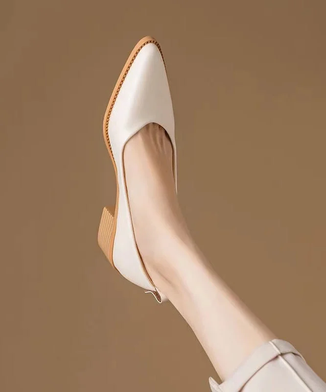 Stiletto Heel Pumps with Perfect Fit--Beautiful Chunky Heel Beige Cowhide Leather Pointed Toe-Fashionable & Classic