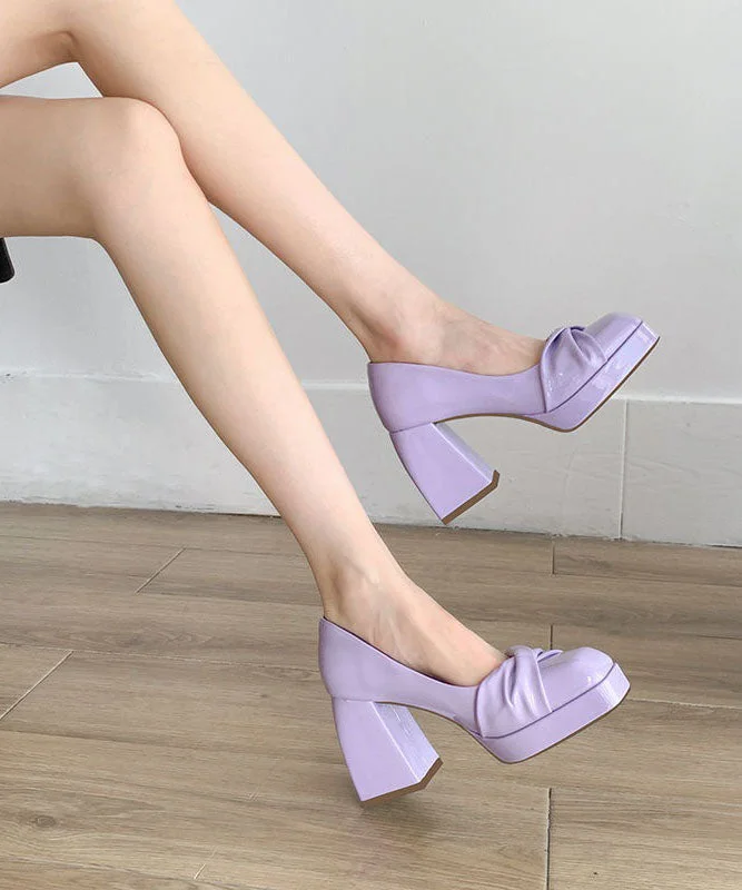 Beautiful Purple Cowhide Leather Splicing Chunky High Heels---Comfortable Leather Pumps for Office and Everyday Wear