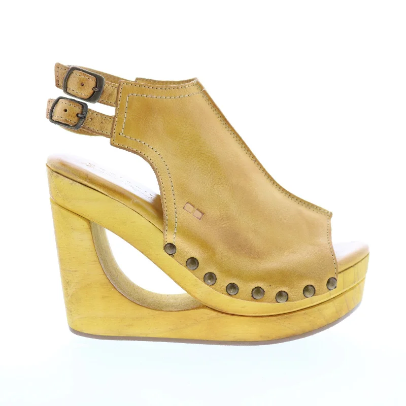 Bed Stu Imelda F399012 Womens Yellow Leather Hook & Loop Wedges Heels Shoes---Comfortable Leather Pumps for Office and Everyday Wear