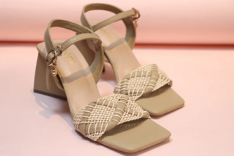 Beige Braided Strap Triangular Block Heels for Women---Durable Leather Braided Ankle Strap Heels with Premium Quality