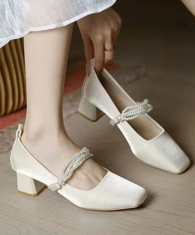 Beige Classy Beading Chunky Heel Satin Square Toe---Durable Square Toe Block Heels for Everyday Use