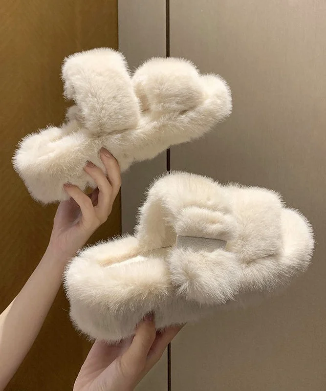 Stylish Platform Heels for Extra Height--Beige Fuzzy Fur Slippers Shoes Splicing Platform Peep Toe