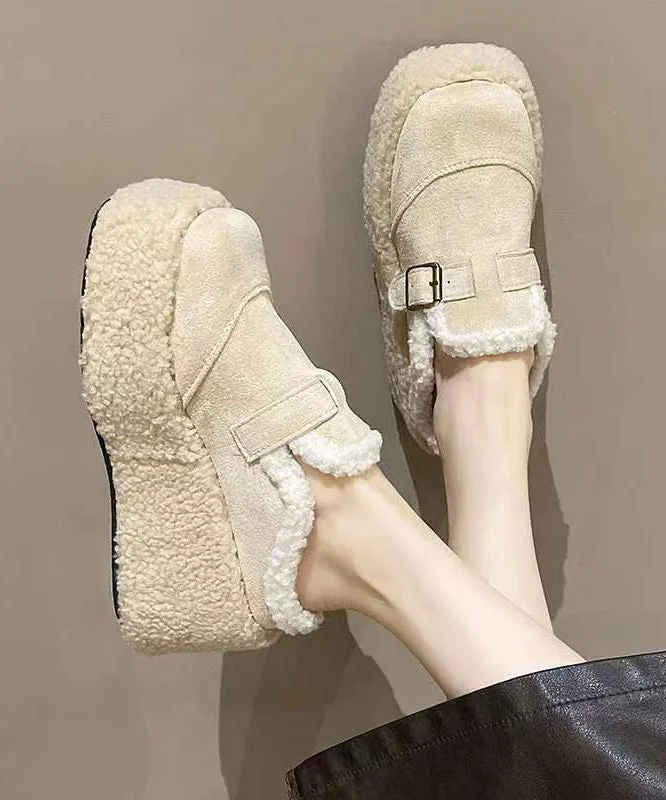 Stylish Platform Heels for Extra Height--Beige Fuzzy Wool Lined Slippers Shoes Platform Wedge Heels