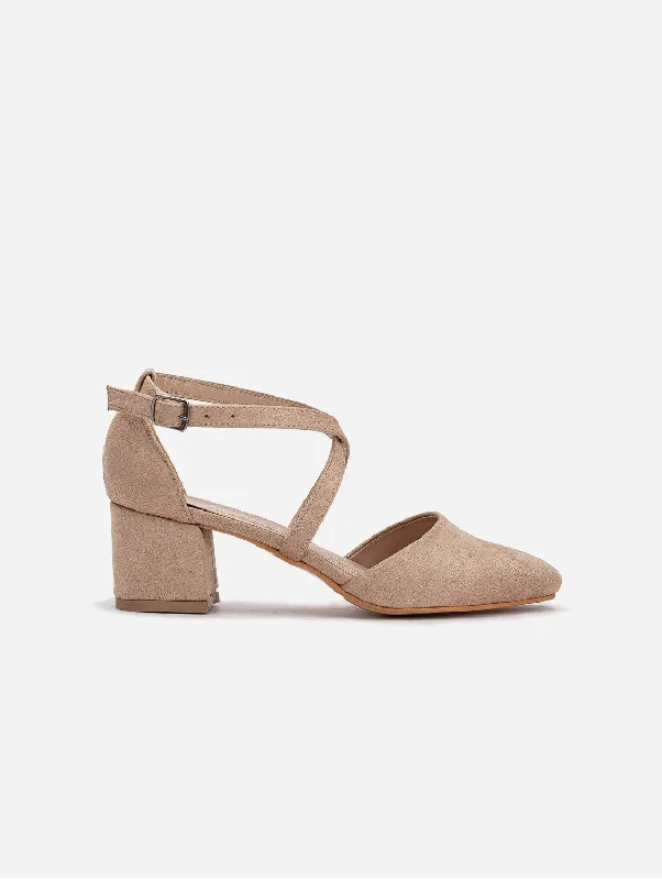 Affordable Suede Ankle Pumps for All-Day Wear--Dolly Vegan Suede Strappy Heels | Beige