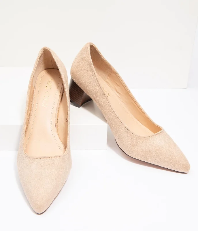 Affordable Suede Ankle Pumps for All-Day Wear--Beige Suede Pointed Toe Stacked Heels