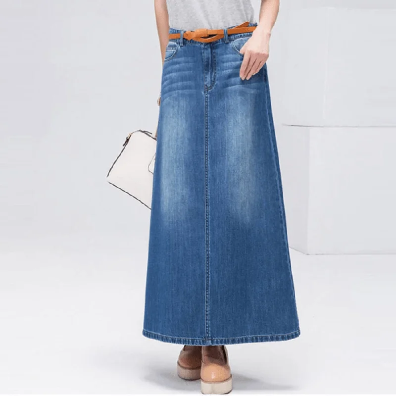 Women's denim skirts with layered ruffles for playful look -Belinda Denim Maxi Skirt Women's denim skirts with layered ruffles for playful look -Belinda Denim Maxi Skirt