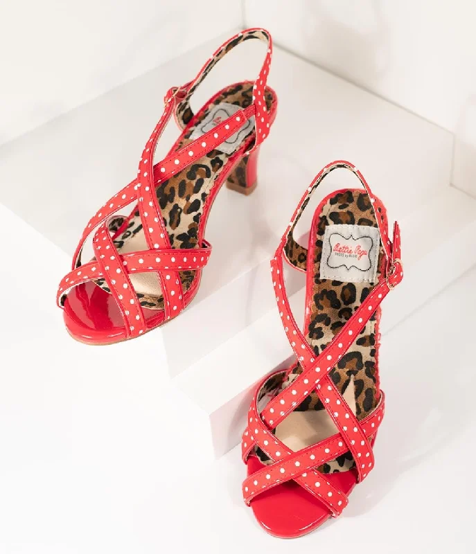 Trendy Peep Toe Platform Heels Crafted from Genuine Leather--Bettie Page Retro Red & White Polka Dot Peep Toe Gracie Heels