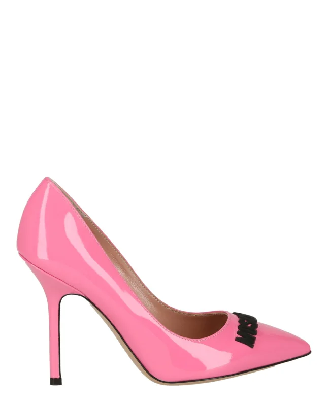 Sleek and Shiny Patent Pump Heels for a Polished Look--Moschino Womens Patent Leather Logo Pumps