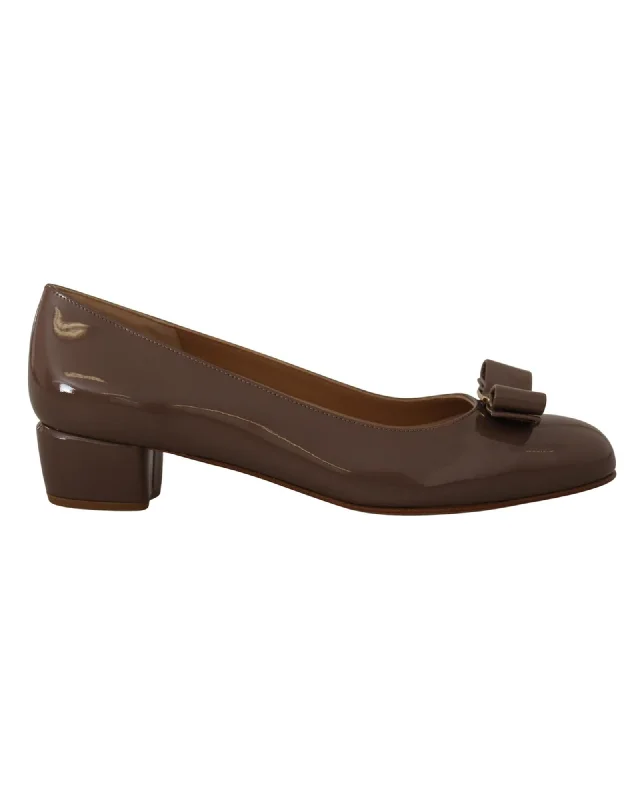 Sleek and Shiny Patent Pump Heels for a Polished Look--Salvatore Ferragamo  Varina Bow Patent Leather Pumps Taupe