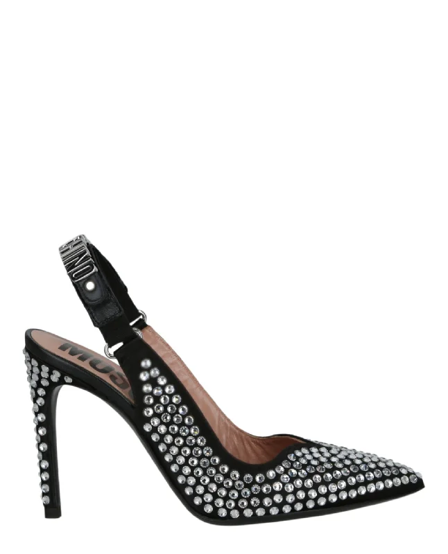 Moschino Womens Crystal Embellished Satin Slingback PumpsAffordable Satin Heels with a Luxe Touch