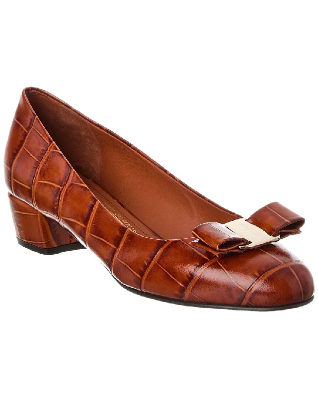 Ferragamo Vara Bow Croc-Embossed Leather Pump---Charming Bow Pumps for a Cute and Stylish Look