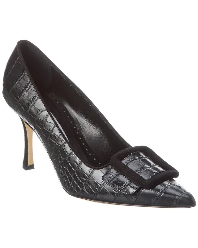 Affordable Suede Ankle Pumps for All-Day Wear--Manolo Blahnik Maysalebi 90 Croc-Embossed Leather & Suede Pump