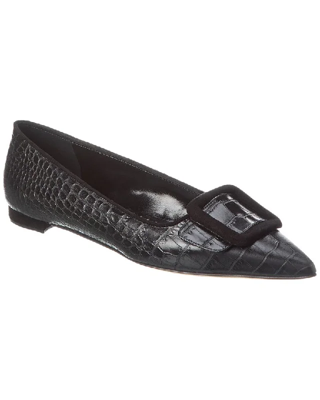 Affordable Suede Ankle Pumps for All-Day Wear--Manolo Blahnik Maysale 10 Croc-Embossed Leather & Suede Pump