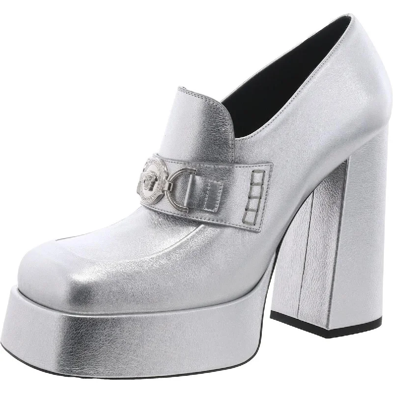 Womens Leather Logo Charm Platform Heels---Comfortable Leather Pumps for Office and Everyday Wear