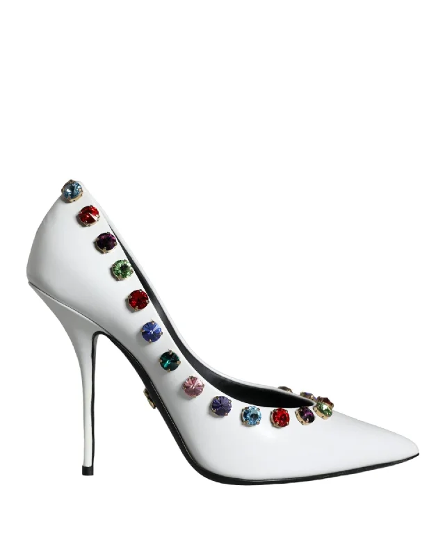 Stiletto Heel Pumps with Perfect Fit--Dolce & Gabbana  Gemstone Embellished Pointed Toe Pumps - White-Fashionable & Classic