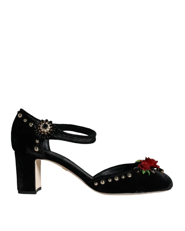 Stylish Ankle Strap Heels for Women--Dolce & Gabbana Velvet Roses Embellished Ankle Strap Pumps