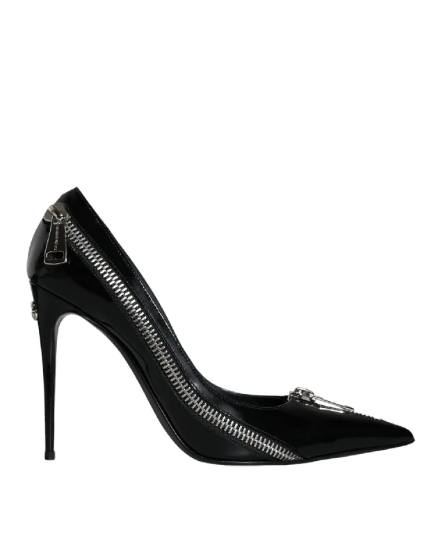 Stiletto Heel Pumps with Perfect Fit--Dolce & Gabbana  Zipper Pumps Black Leather Stiletto Heels-Fashionable & Classic