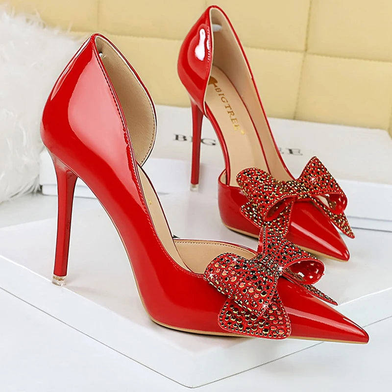 Affordable Rhinestone Pumps for a Dazzling Look---Shoes Luxury Pumps Women 10.5cm Heels Rhinestone Bowknot Lady Heels