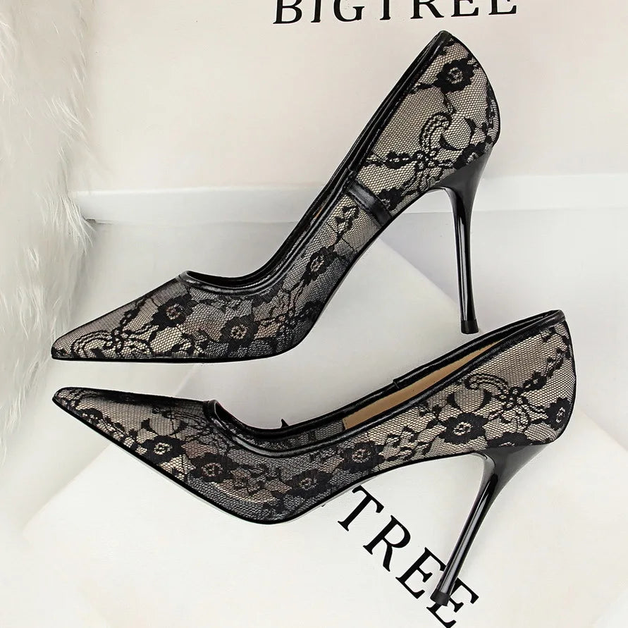 Stiletto Heel Pumps with Perfect Fit--BIGTREE SHOES 2024 sexy slim high heels women's  stiletto  high heels shallow pointed toe mesh cut-out lace shoes-Fashionable & Classic