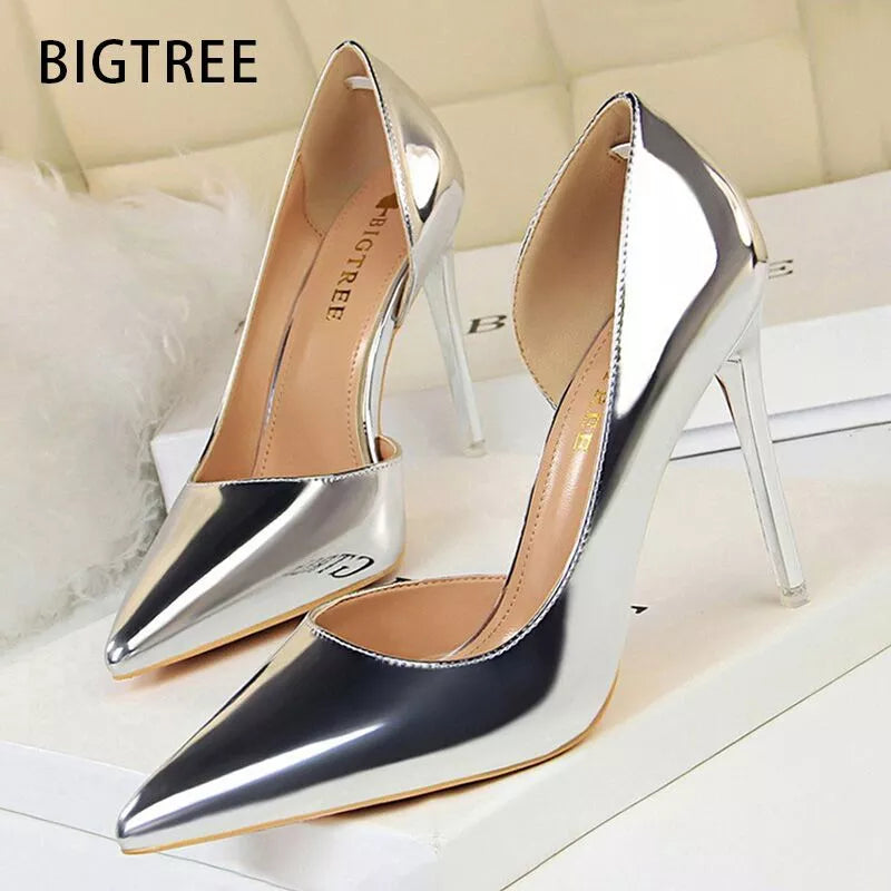 Stiletto Heel Pumps with Perfect Fit--BIGTREE 2024 Silver and Black Sexy Woman Pumps Leather High Heels Women Stilettos-Fashionable & Classic