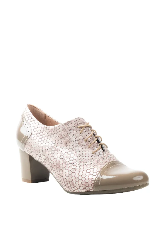 Trendy Chunky Heel Pumps for Casual Wear--Bioeco by Arka Leather Croc Effect Block Heel Brogue, Beige