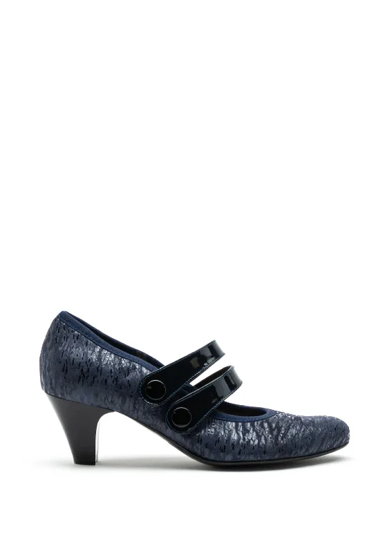 Bioeco by Arka Leather Double Strap Heeled Shoes, Navy---Comfortable Leather Pumps for Office and Everyday Wear