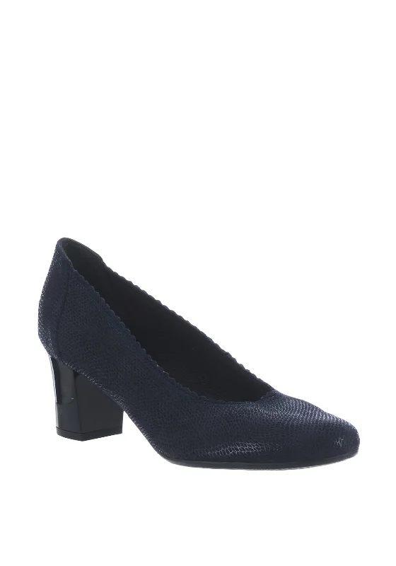 Trendy Chunky Heel Pumps for Casual Wear--Bioeco by Arka Leather Reptile Block Heel Shoes, Navy